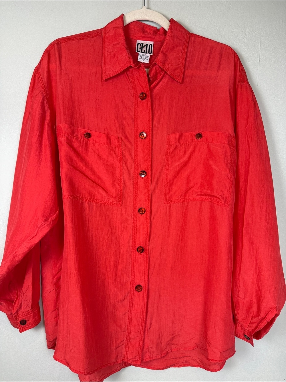 ✨VTG CLIO 100% Silk Blouse Medium 🍅Tomato Red Button Down Long Sleeve 90s